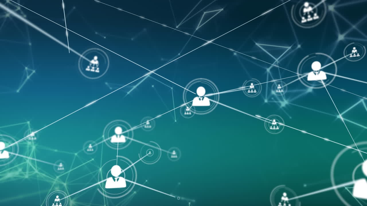 Animation of network of profile icons over network of connections on green gradient background