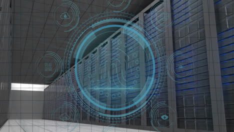 Overlaying animation, digital security icons on data center server racks