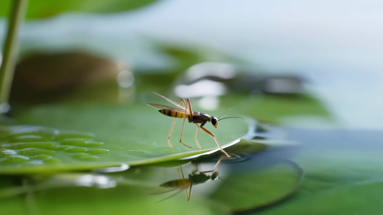 Vista laterale ravvicinata di un piccolo insetto simile a una vespa in piedi sul bordo di una foglia verde lucida, con una zampa anteriore che tocca l'acqua calma, creando increspature concentriche mentre le ali traslucide si sollevano leggermente e il riflesso.