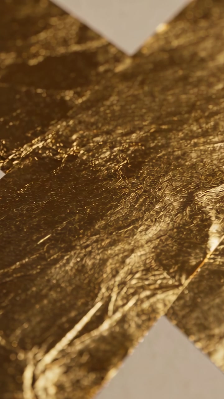 Vertical video: Camera tightening on gold foil, light shifting highlights creases for design review