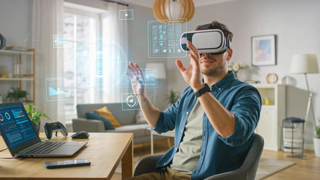 UI olografica reattiva che appare, uomo con visore VR e camicia blu che gesticola verso i pannelli alla scrivania di casa con il laptop.