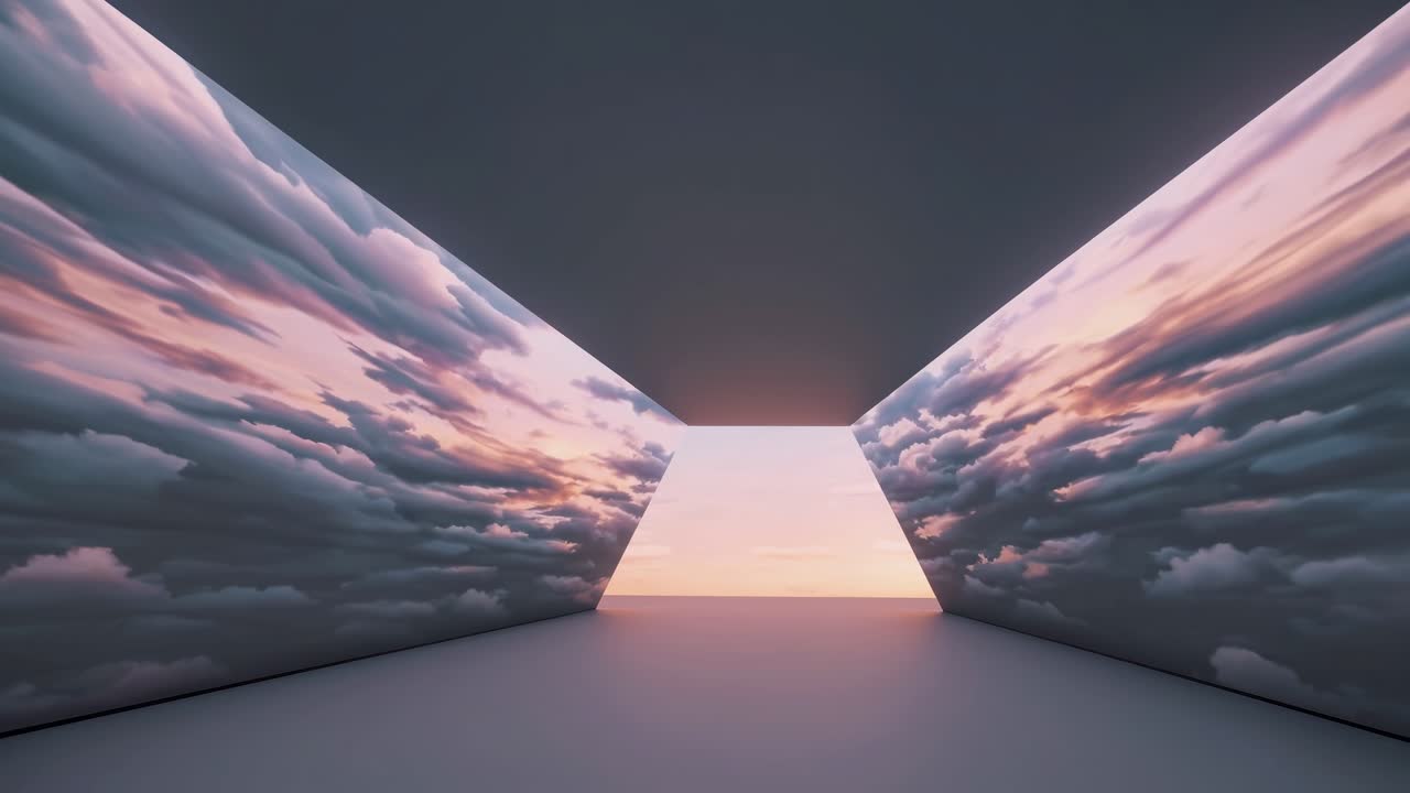 Wide-angle shot of a futuristic room with immersive video projections of clouds on walls
