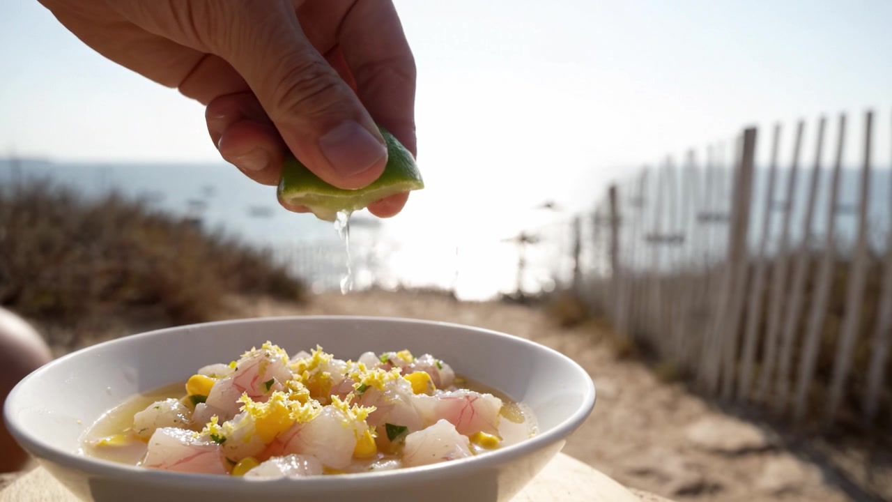 Piatto di pesce fresco con lime spremuto a mano, ambientato su uno sfondo costiero panoramico con barche e orizzonte illuminato dal sole, perfetto per l'ispirazione culinaria.