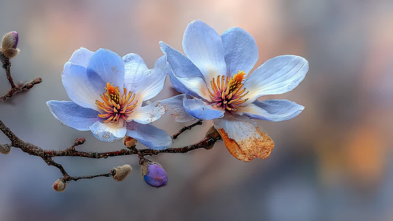 A Beautiful Display of Delicate Blue Magnolia Blossoms in Full Bloom, Showcasing Their Intricate Petals and Vibrant Stamen Against a Gentle Background