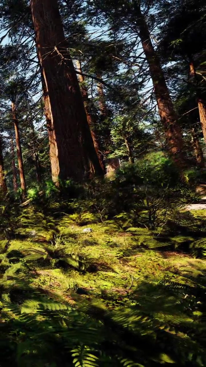Alberi alti e sottobosco verde formano un paesaggio boschivo di giorno.