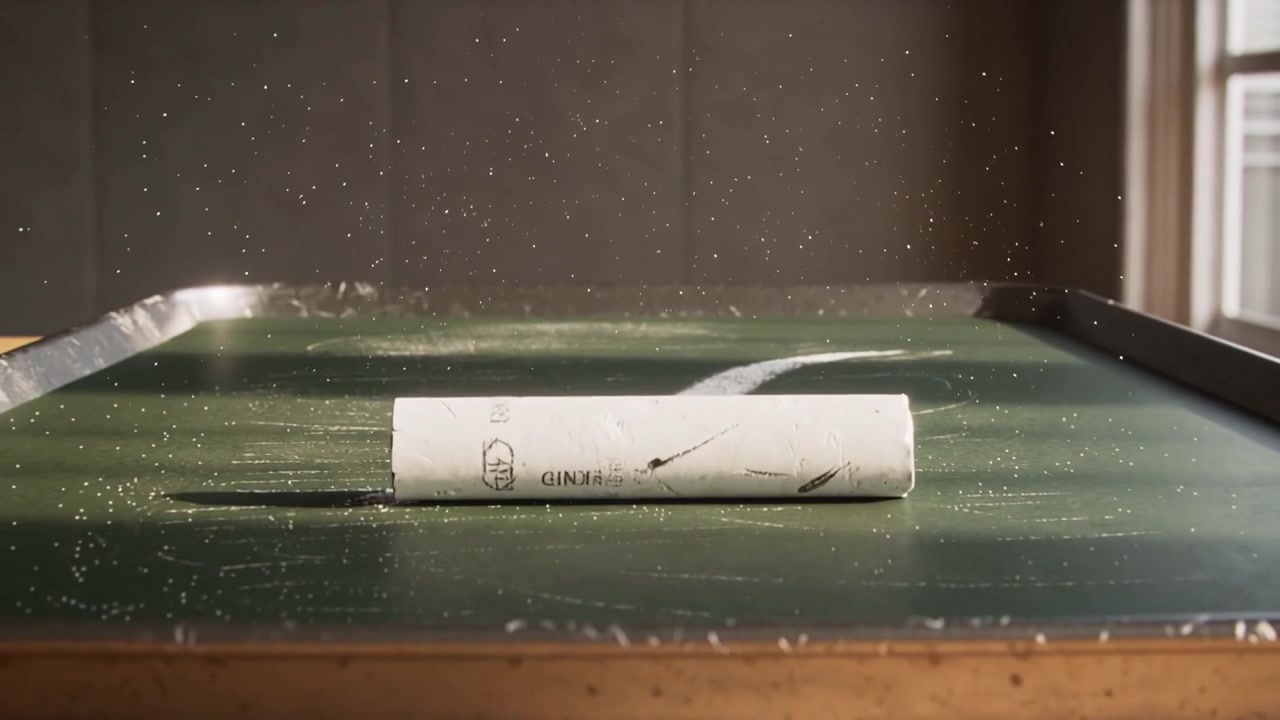 Rolling white chalk stick after small nudge, leaving line on green board, window backlighting dust