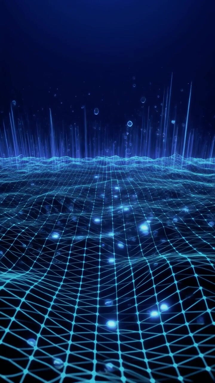 Paesaggio astratto a griglia digitale con particelle di luce in ascesa