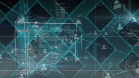 animation of network of connections with icons and data processing on black background