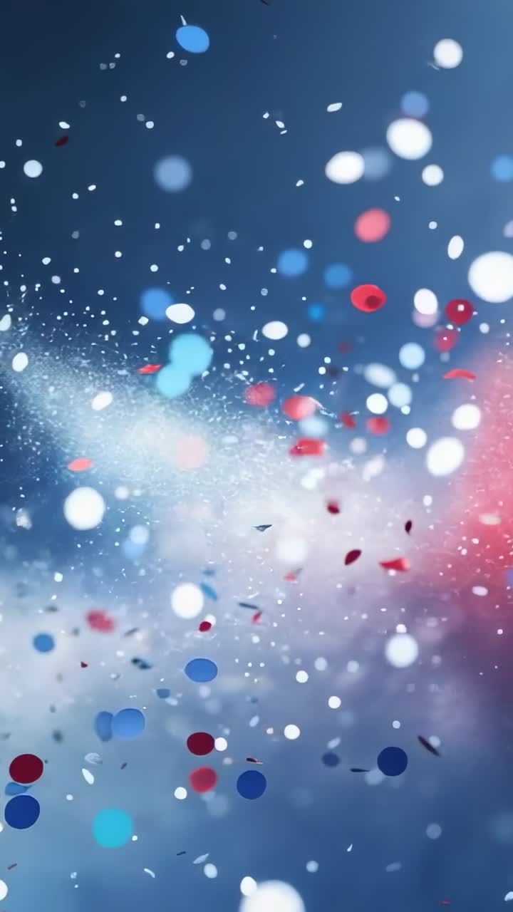 Vidéo verticale : plan d’ouverture montrant des confettis tourbillonnants rouges, blancs et bleus dérivant sur un fond flou