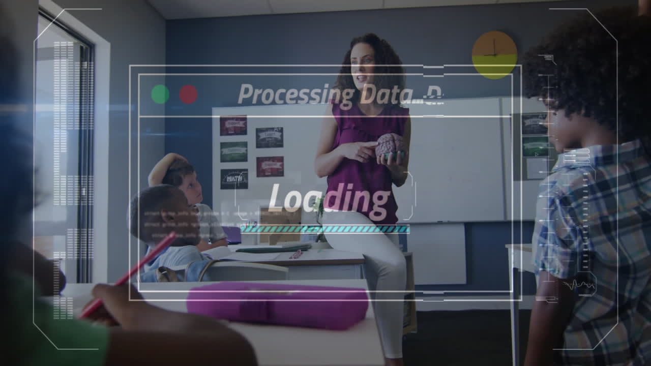 procesamiento de datos y carga de animación sobre el maestro y los estudiantes en el aula