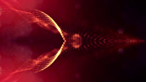 las partículas forman una línea, una cuadrícula de superficie o un misterioso espacio virtual. animación 3d sin costuras como fondo de ciencia ficción digital de partículas brillantes con profundidad de campo, bokeh. cadenas de oro rojo 5
