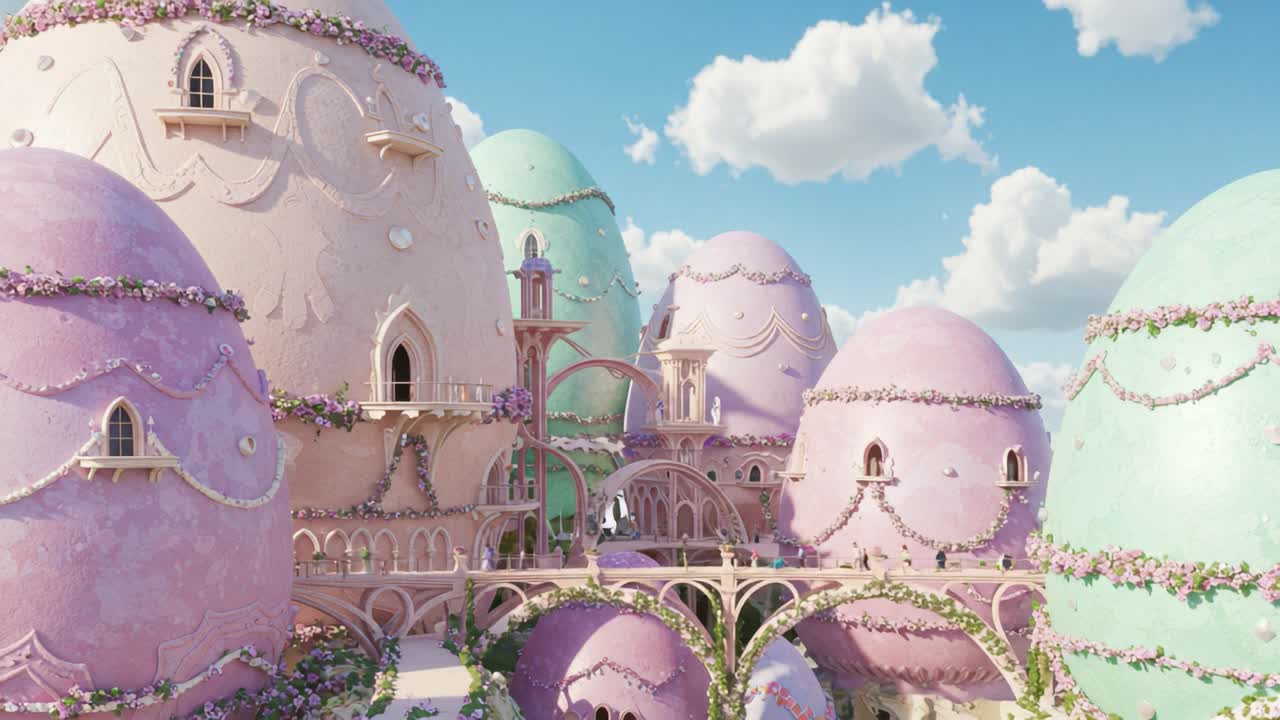 A Dreamy Landscape of Enchanted Egg-Shaped Structures Surrounded by Lush Greenery Under a Stunning Blue Sky with Fluffy Clouds