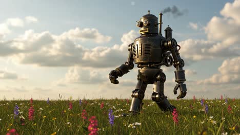 a vintage robot exploring a lush field of colorful flowers under a bright sky, embodying a unique fusion of nature and technology in a whimsical scene
