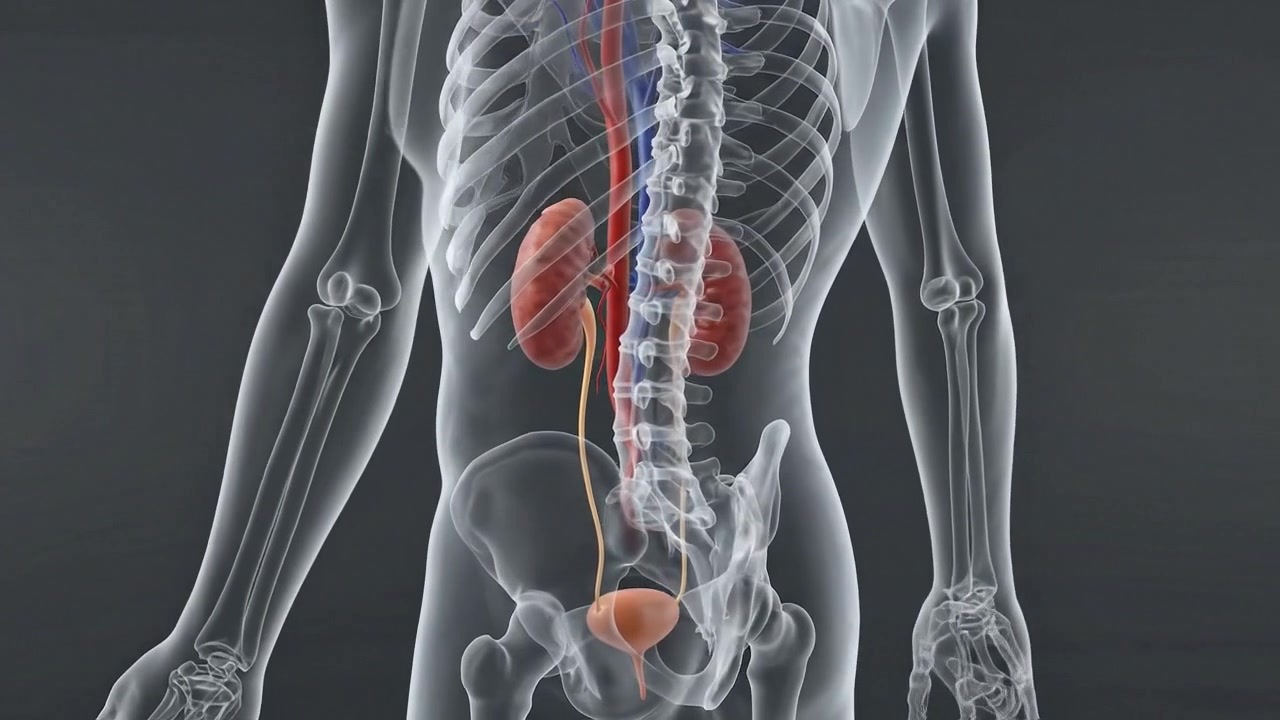 3D Skeleton Wireframe Scan Highlighting Kidneys