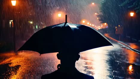 person with umbrella in a rainy night city street