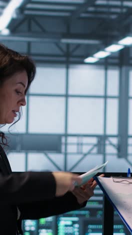 vertical video data center team examines paperwork files in server room, reviewing system