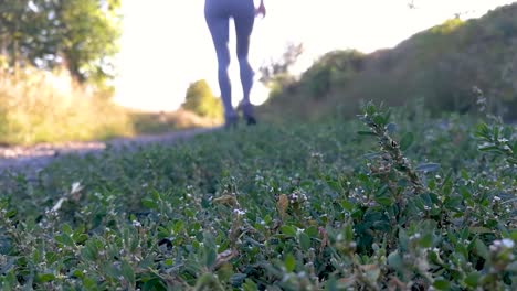 Young-girl-hiking-on-a-dusty-road-towards-the-distance-with-green-growth-in-the-focus-in-front,-STILL,-SLOMO