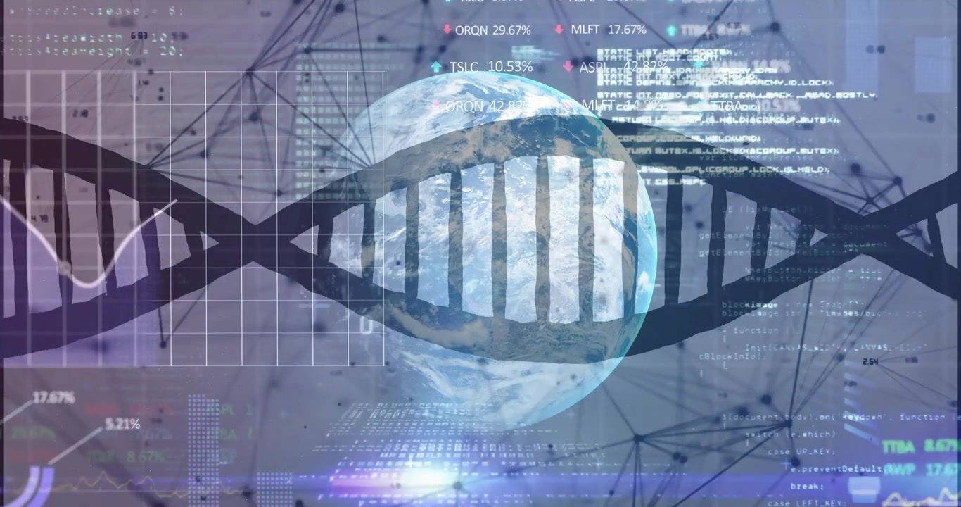 Rotating translucent Earth globe overlaid with dark DNA helix spanning high tech data visualization