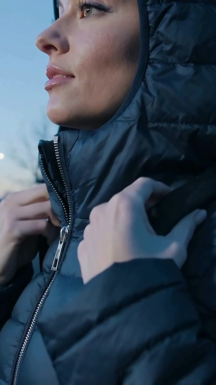 Vertical video: Dusk urging woman in puffer jacket adjusting hood, securing backpack straps on roof