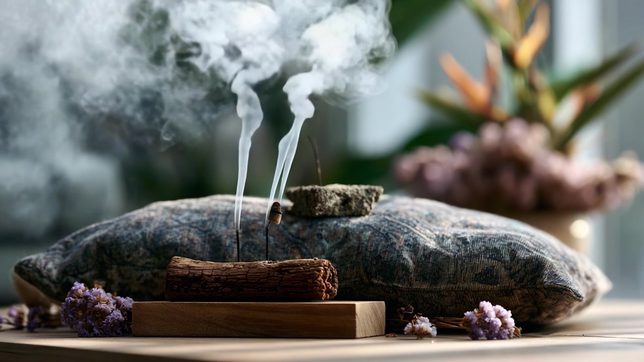 Serenità accattivante: una tranquilla scena d'incenso con scie di fumo ed elementi floreali, perfetta per migliorare il relax e le pratiche di consapevolezza.