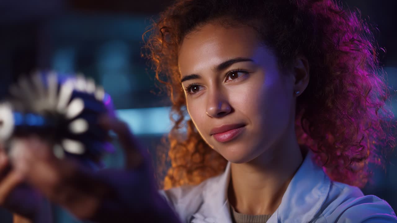 A Young Woman with Curly Hair Examining a High-Tech Device Under Soft Lighting in a Dark Space, Showcasing Her Curiosity and Engaging with Innovative Technology and Engineering Concepts