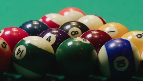 pool balls in a triangle on a pool table