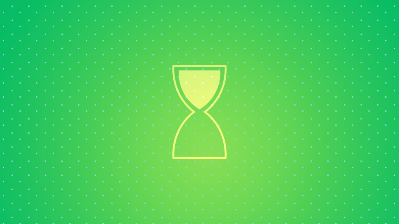 Bright yellow outlined hourglass icon showing filled lower chamber on vibrant green dotted gradient