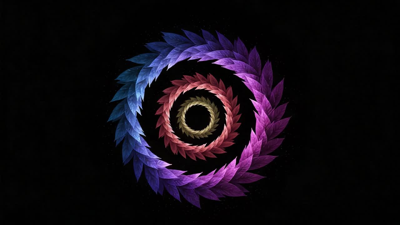 A Vibrant Spiral of Leaves in Vivid Colors Against a Dark Background, Representing Nature's Beauty and Elegance in a Mesmerizing Visual Display