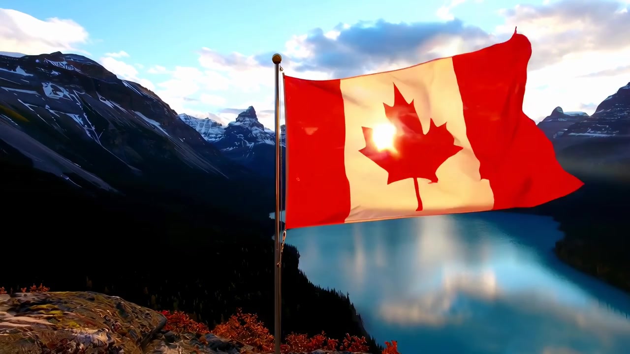 Canadisk flag vajer over Peyto Lake i Rocky Mountains