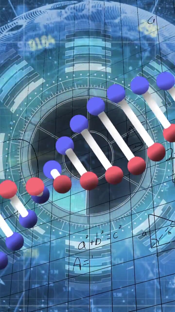 Animation of digital screen with data, dna and numbers on blue background