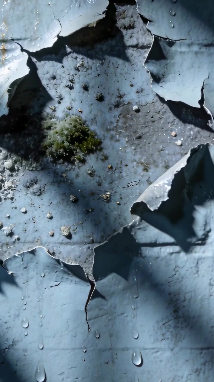 Vertical video: Tilting camera revealing peeling paint on damp wall, exposing moss and droplets