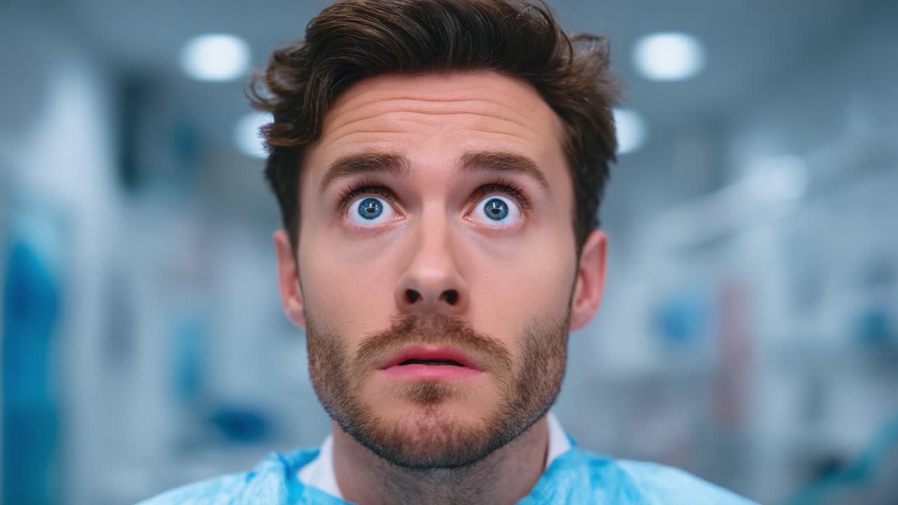A Young Man in Medical Attire Expresses Concern in a Clinical Setting, with Focus on His Anxious Expression while Awaiting Procedure or Diagnosis
