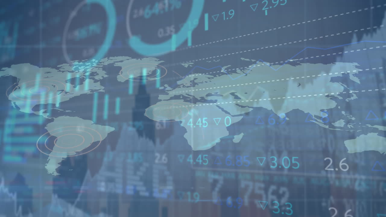 Animation of stock market data processing over world map against aerial view of cityscape