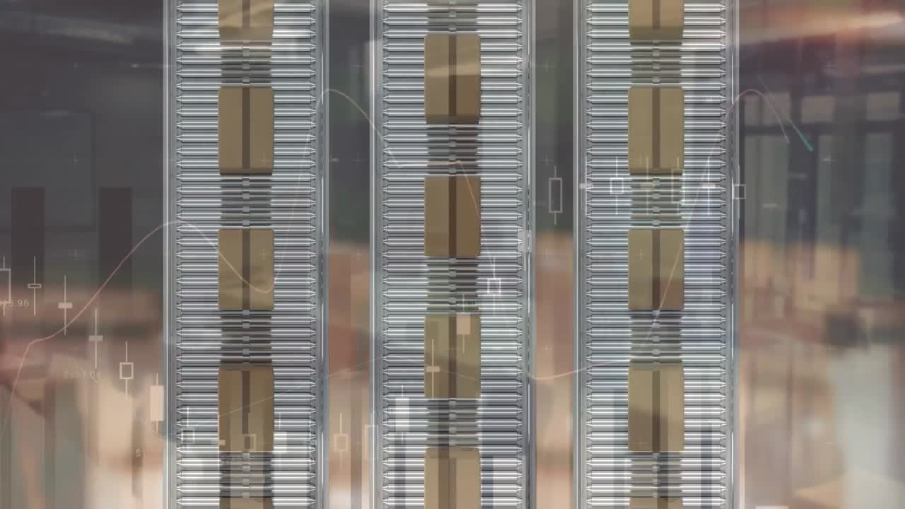 procesamiento de datos estadísticos frente a la vista aérea de múltiples cajas de entrega en la cinta transportadora