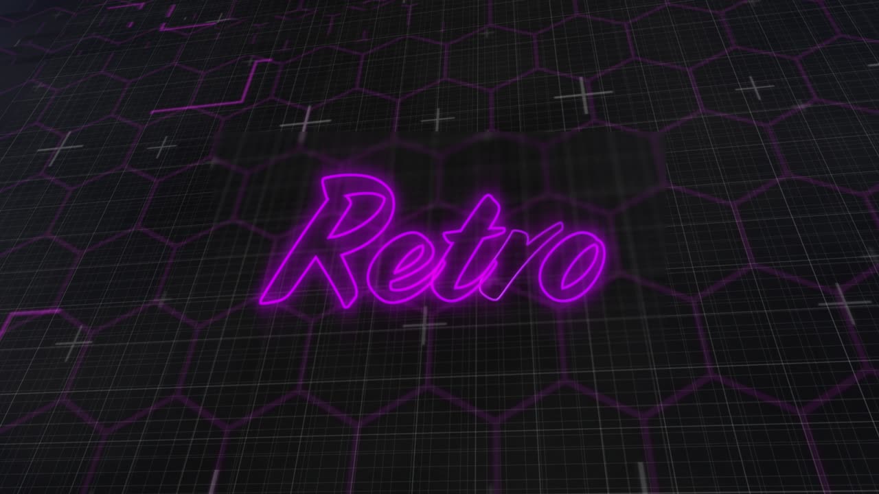 Animazione di testo retrò al neon viola tremolante e luminoso su esagoni e griglia.