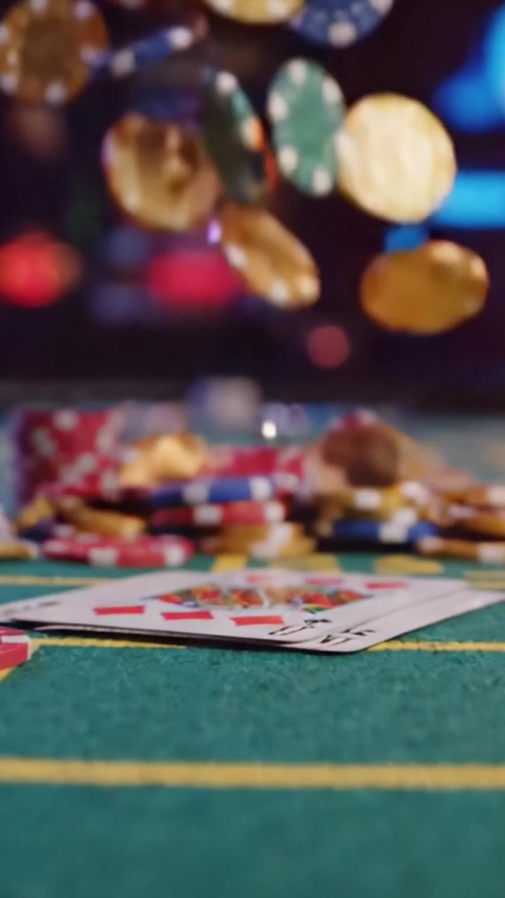 Momenti accattivanti al casinò: una dinamica esposizione di azione ad alto rischio che mostra fiches che cadono e carte colorate sul tavolo da gioco.