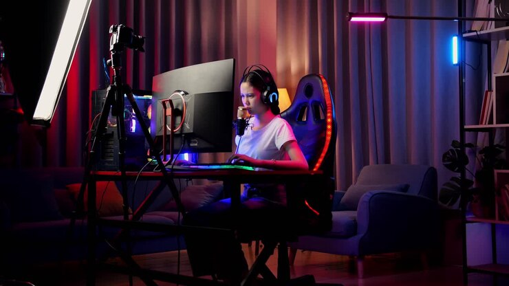 Asian Girl Streamer Feeling Disappointed Fails Game Over On Personal Computer. Live Stream Video Game, Desk Illuminated By Rgb Led Strip Light