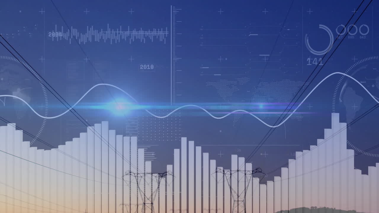 금융 데이터 및 분석 애니메이션 전력 라인 및 해가 지는 배경