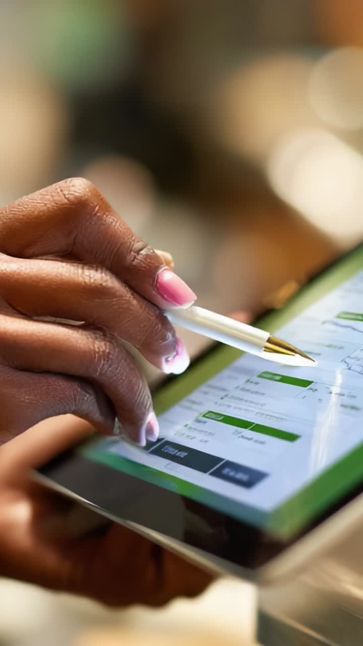 A close-up view of a person's hand holding a pen while interacting with a touchscreen tablet, capturing the modern blend of technology and personal engagement