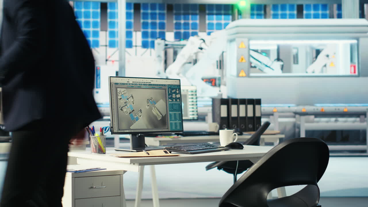 gerente de producción de la fábrica fotovoltaica que examina los esquemas