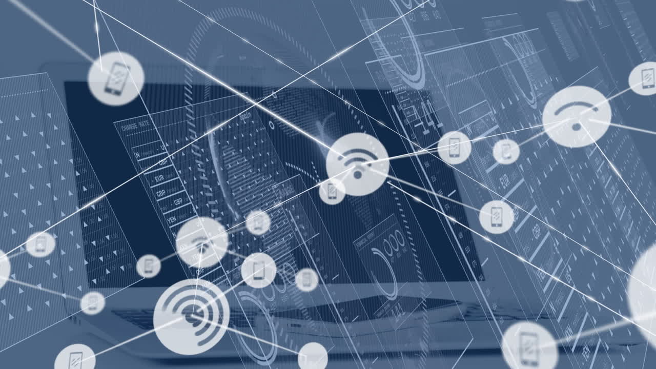 디지털 아이콘 네트워크의 애니메이션과 컴퓨터에 대한 데이터 처리 인터페이스