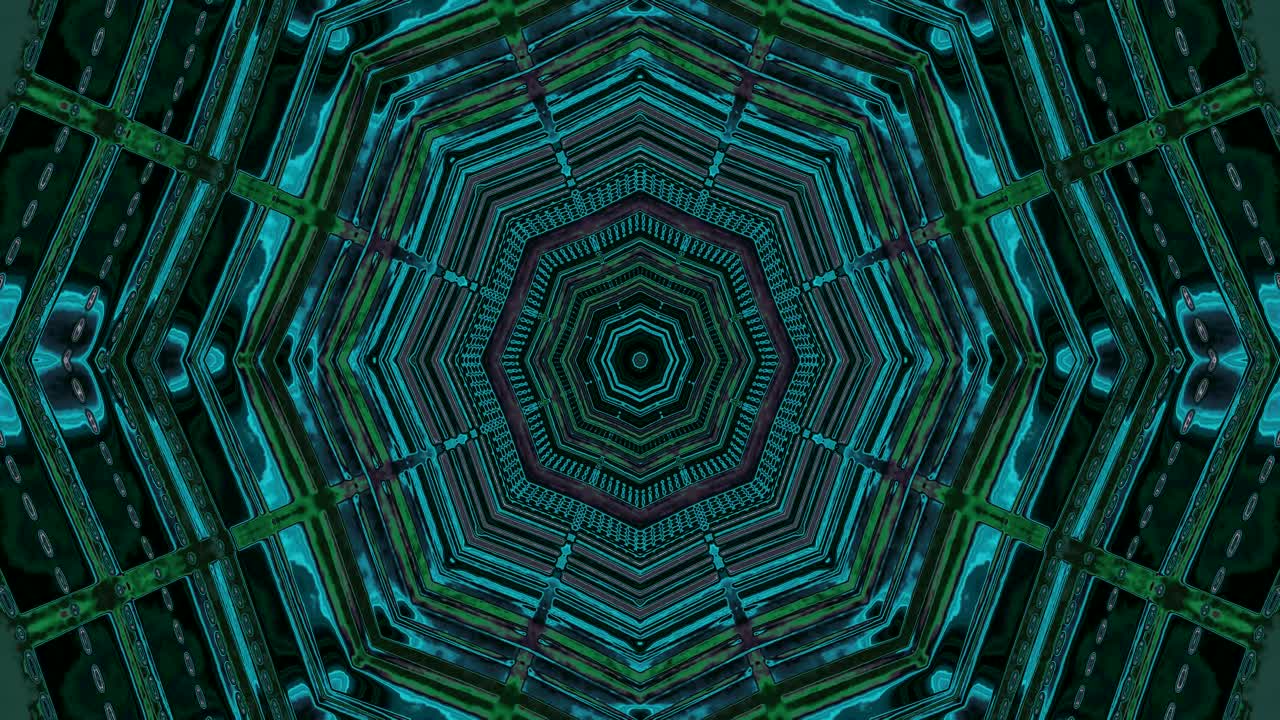 Experience a captivating tunnel video loop filled with vibrant green patterns and dynamic geometric designs creating an immersive visual journey. Perfect for screensaver purposes