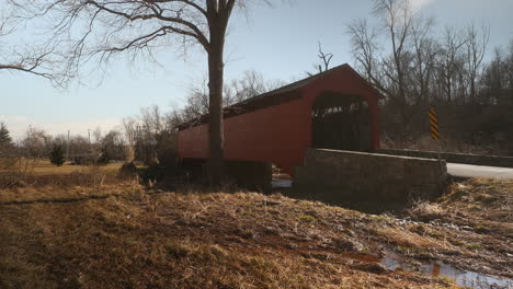 winter, static shot of one of three covered bridges in maryland