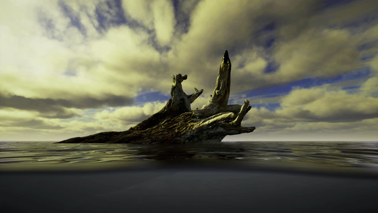 Fallen tree trunk rises from calm waters beneath dynamic clouds