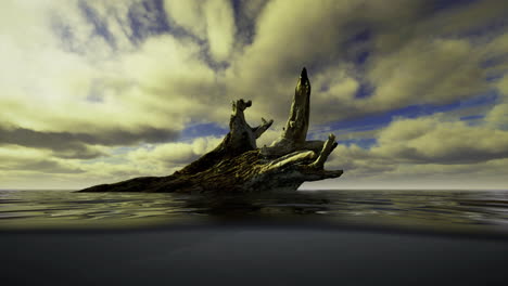 fallen tree trunk rises from calm waters beneath dynamic clouds