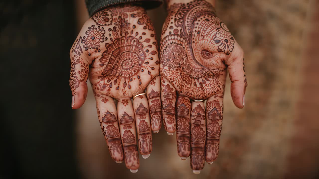 Palmi femminili visibili su muro sfocato che rivelano mandala paisley, anello di henné e polsino grigio