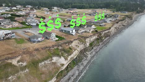 aerial view of waterfront homes with animated dollar signs above them showing how real estate prices are rising