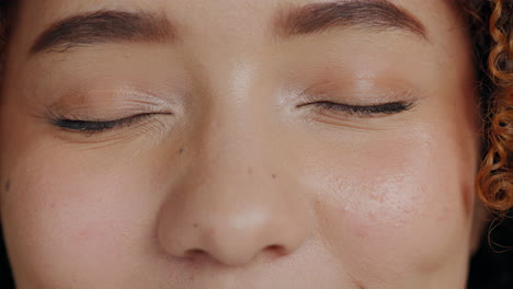 face, eyes and woman closeup in studio for beauty