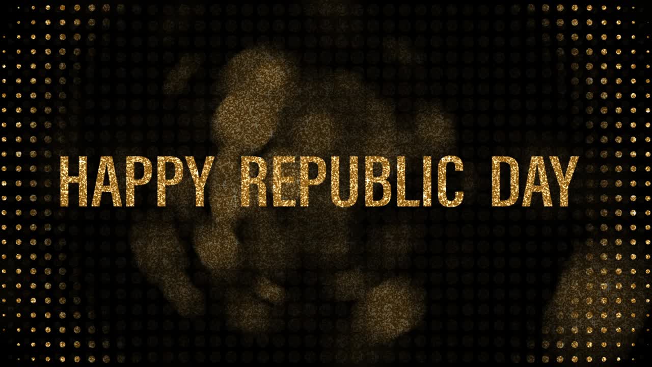 feliz día de la república títulos de oro fondo. 4k 3d renderización con bokeh dorado y tipografía de feliz día de la república. feliz día dela república celebración del festival concepto de video de saludo.
