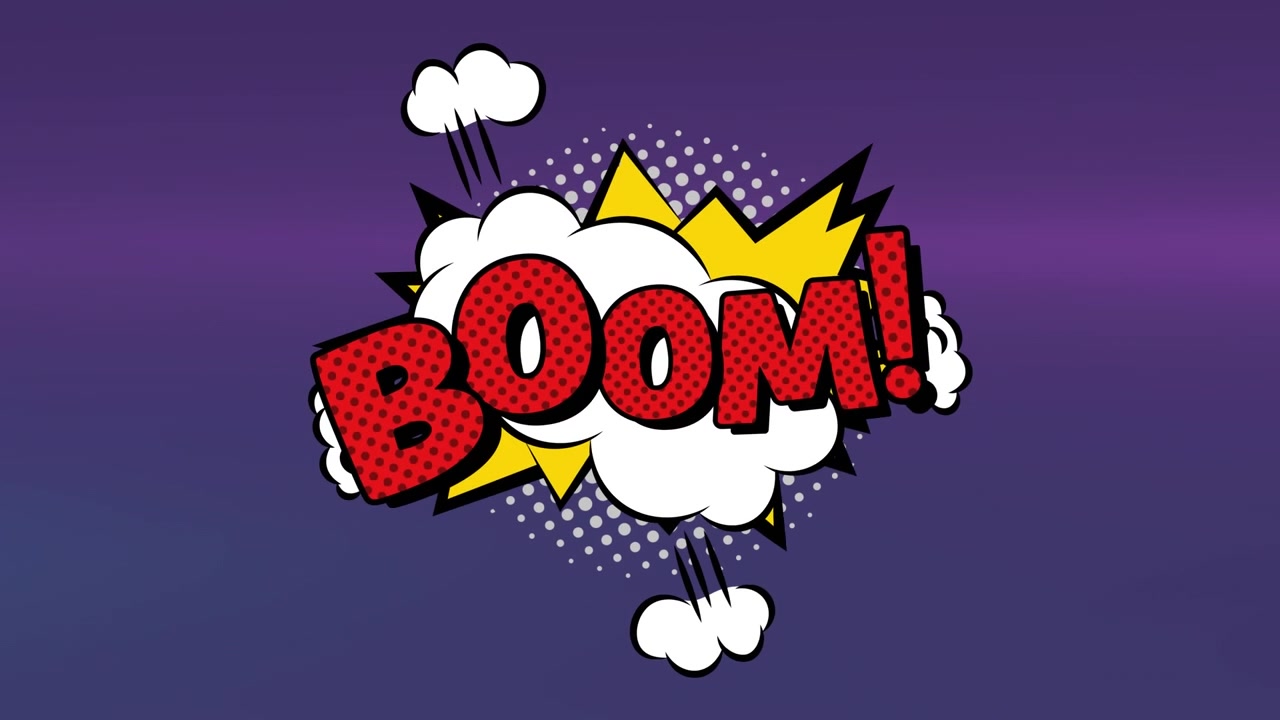 Animazione del testo "boom" su nuvola su sfondo viola